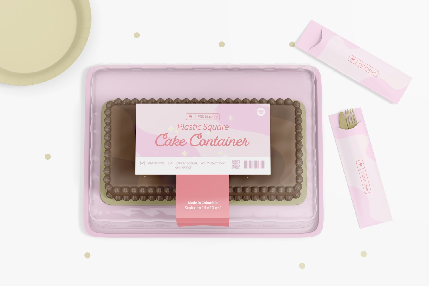 Plastic Square Cake Container Mockup, Top View Plastic Square Cake Container Mockup, Top View