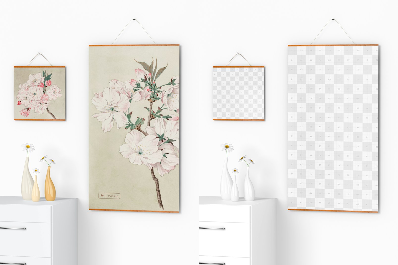 Long Wooden Frame Poster Hanger with Flower Vase Mockup