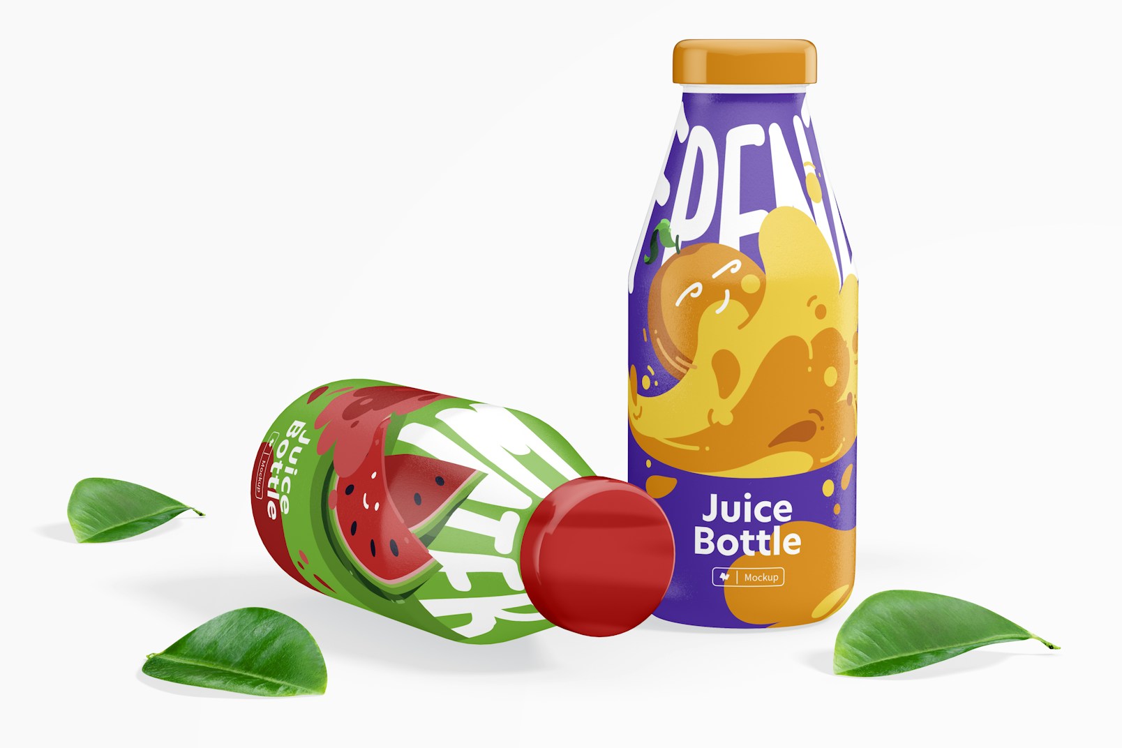 Full Label Juice Bottle Mockup, Standing and Dropped