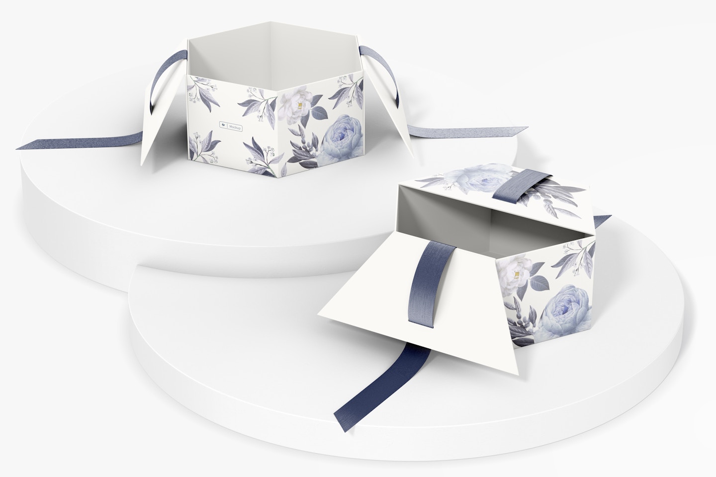 Hexagon Gift Boxes with Ribbon Mockup, Opened