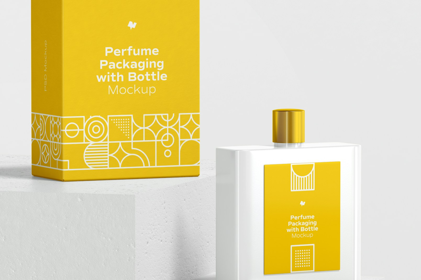 Maqueta de Empaque de Perfume con Botella, Vista Frontal