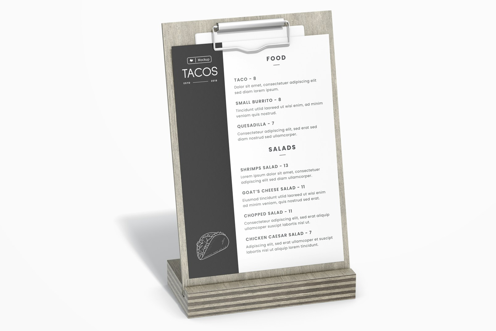 Table Menu Stand with Clip Mockup, Left View