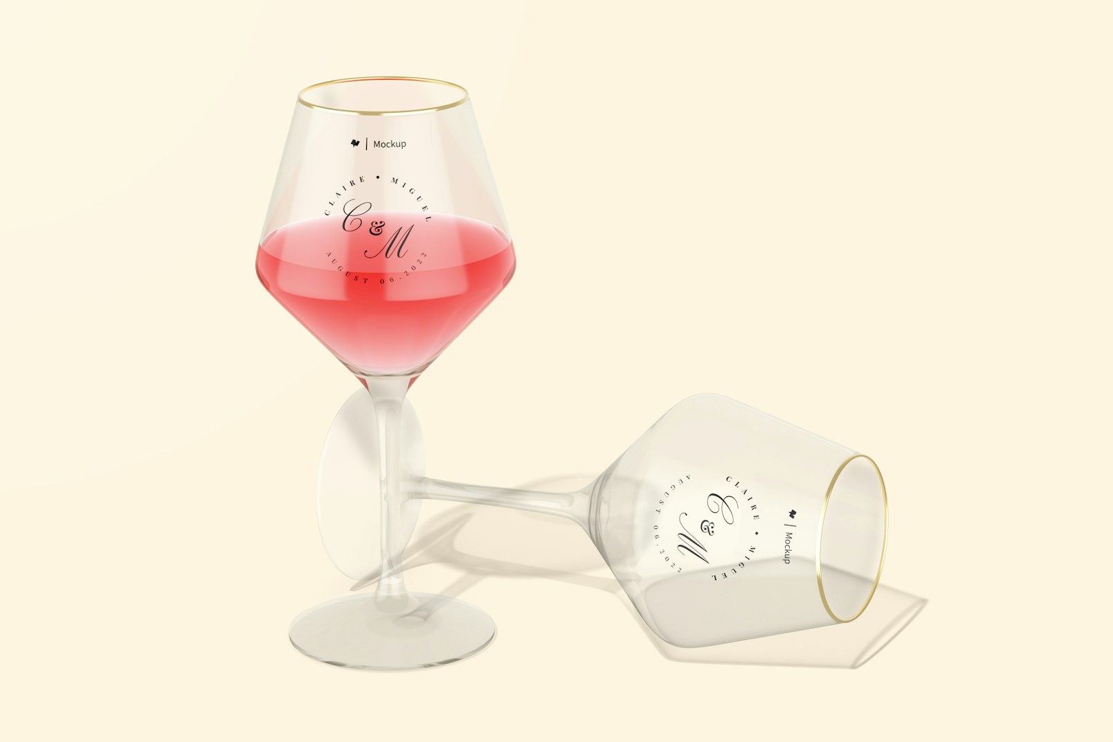 Angled Wine Cups Mockup, Standing and Dropped