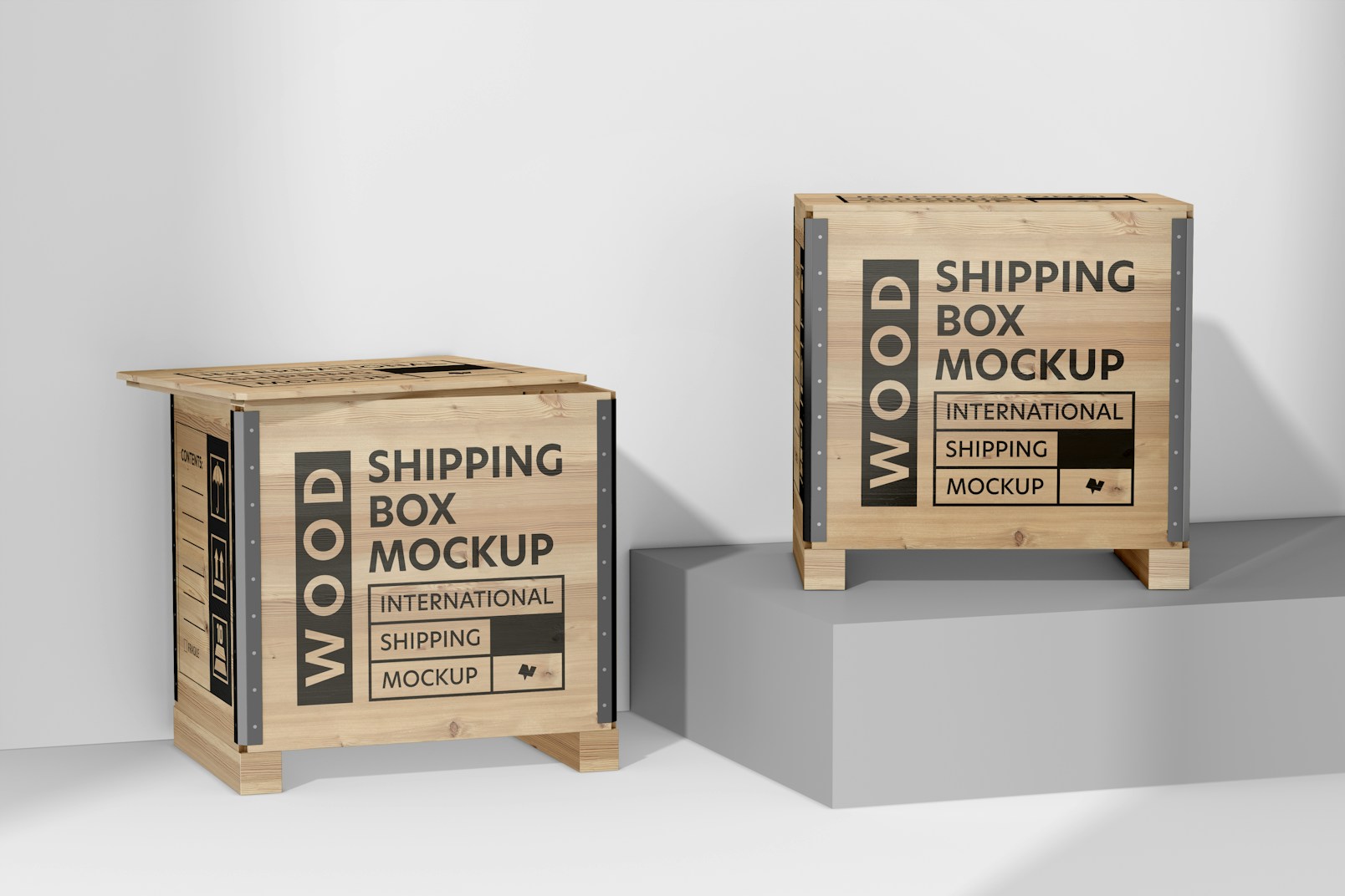 Wood Shipping Boxes Mockup, on Podium