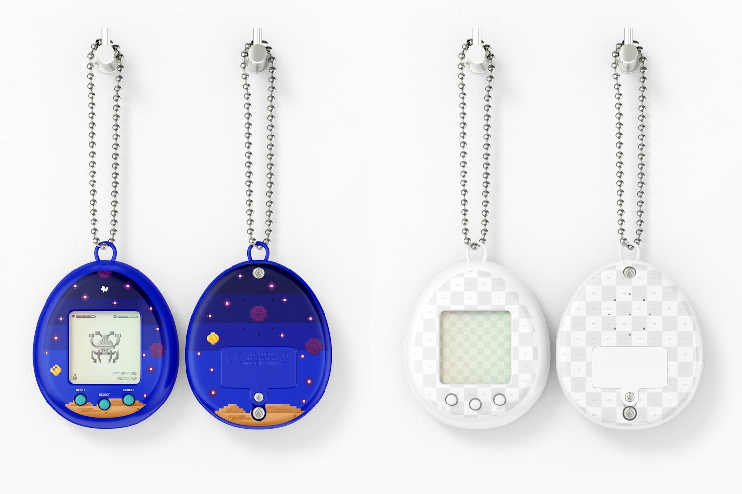 Retro Digital Pet Keychains Mockup, Front and Back Retro Digital Pet Keychains Mockup, Front and Back