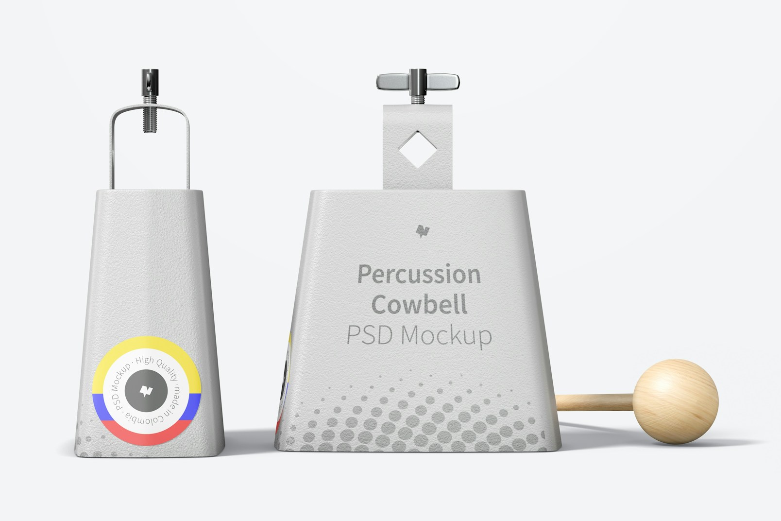 Percussion Cowbells Mockup, Right and Front View