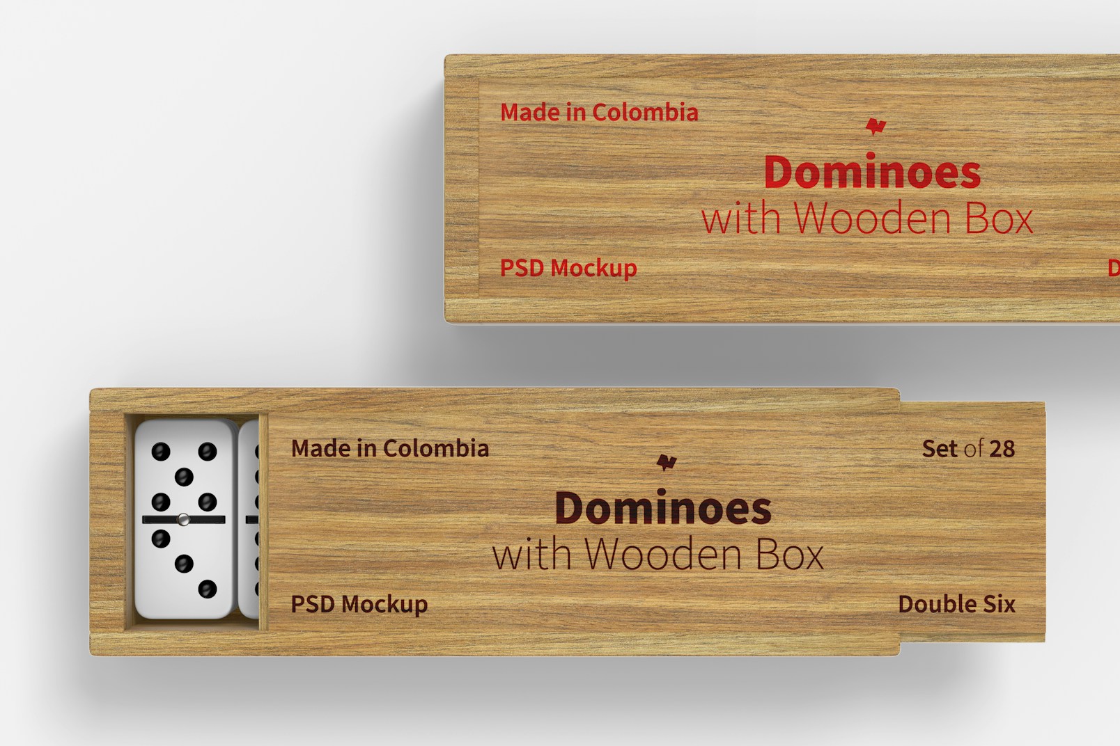 Dominoes with Wooden Box Mockup, Close Up