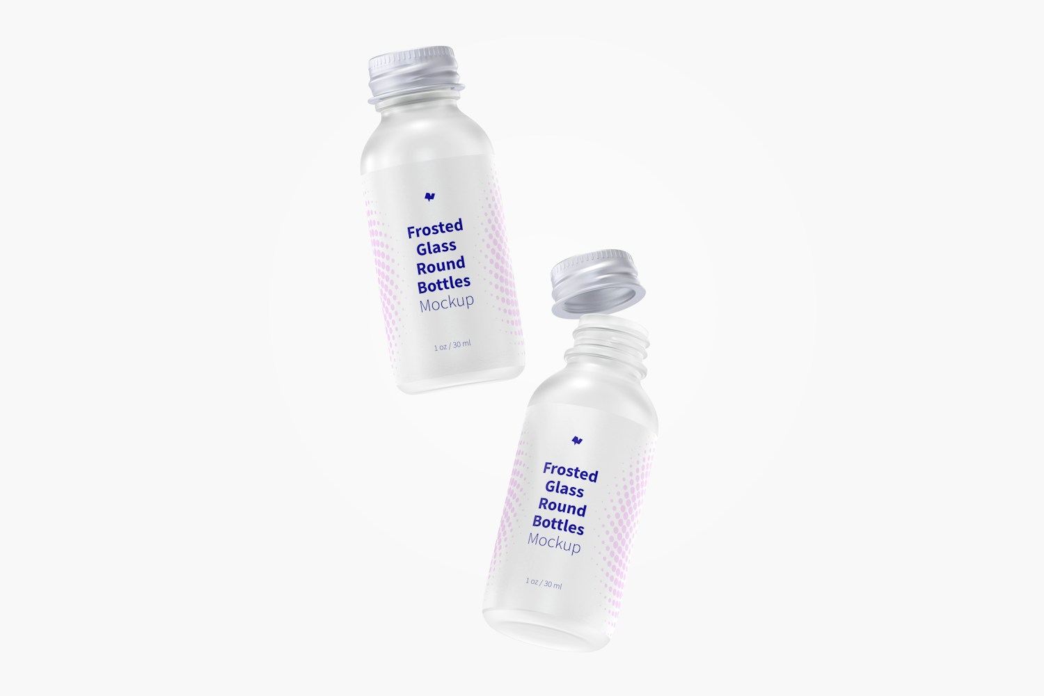 1 oz Frosted Glass Round Bottles Mockup, Falling 1 oz Frosted Glass Round Bottles Mockup, Falling