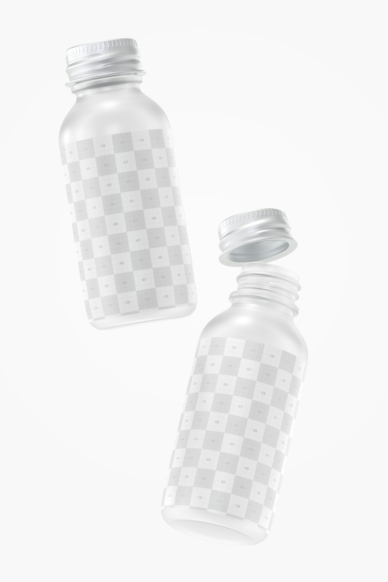 1 oz Frosted Glass Round Bottles Mockup, Falling 1 oz Frosted Glass Round Bottles Mockup, Falling