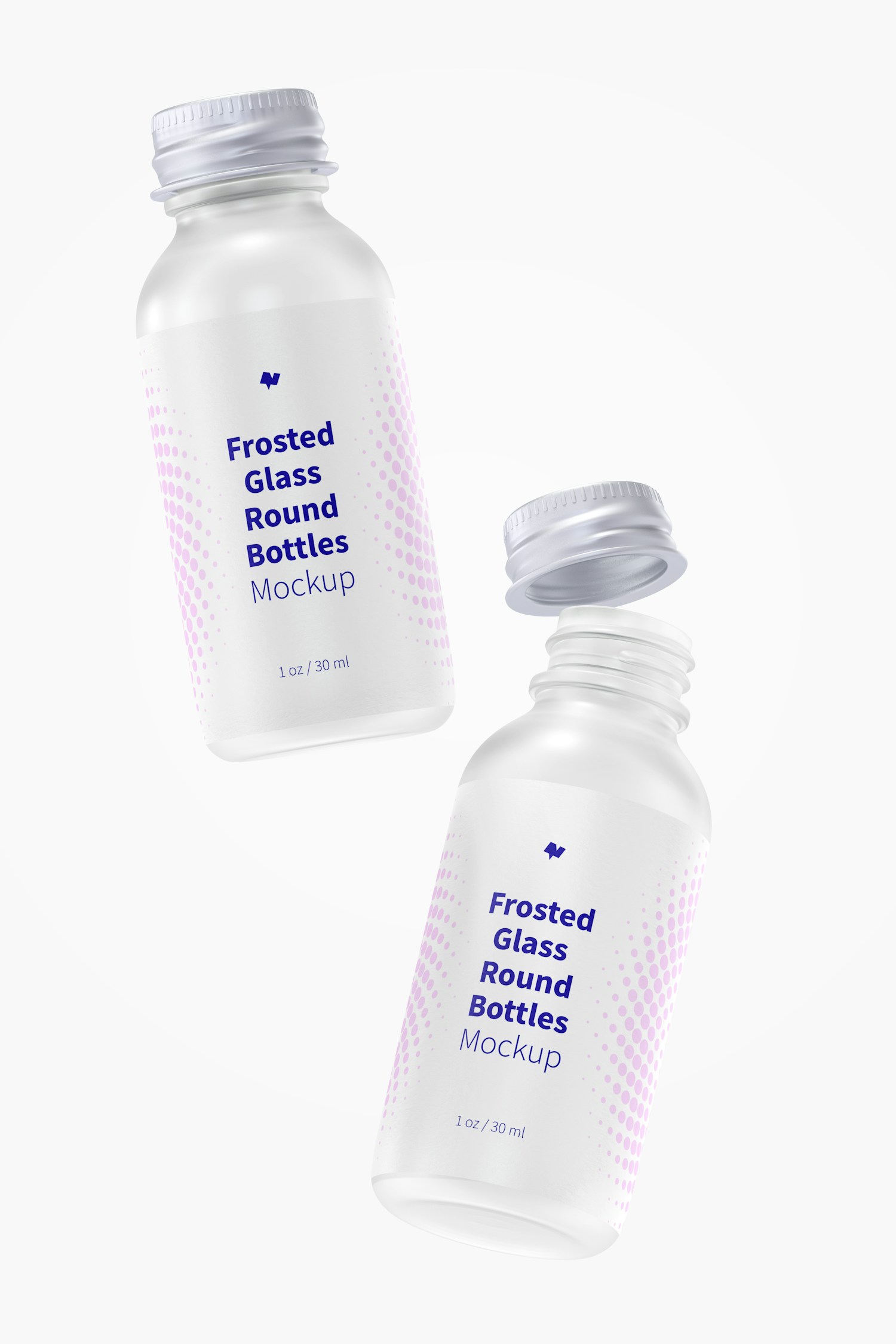 1 oz Frosted Glass Round Bottles Mockup, Falling 1 oz Frosted Glass Round Bottles Mockup, Falling