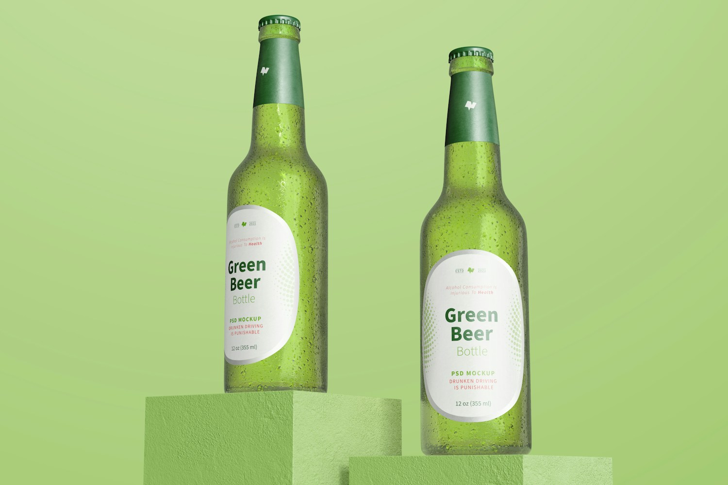 Green Beer Bottles Mockup, Low Angle View