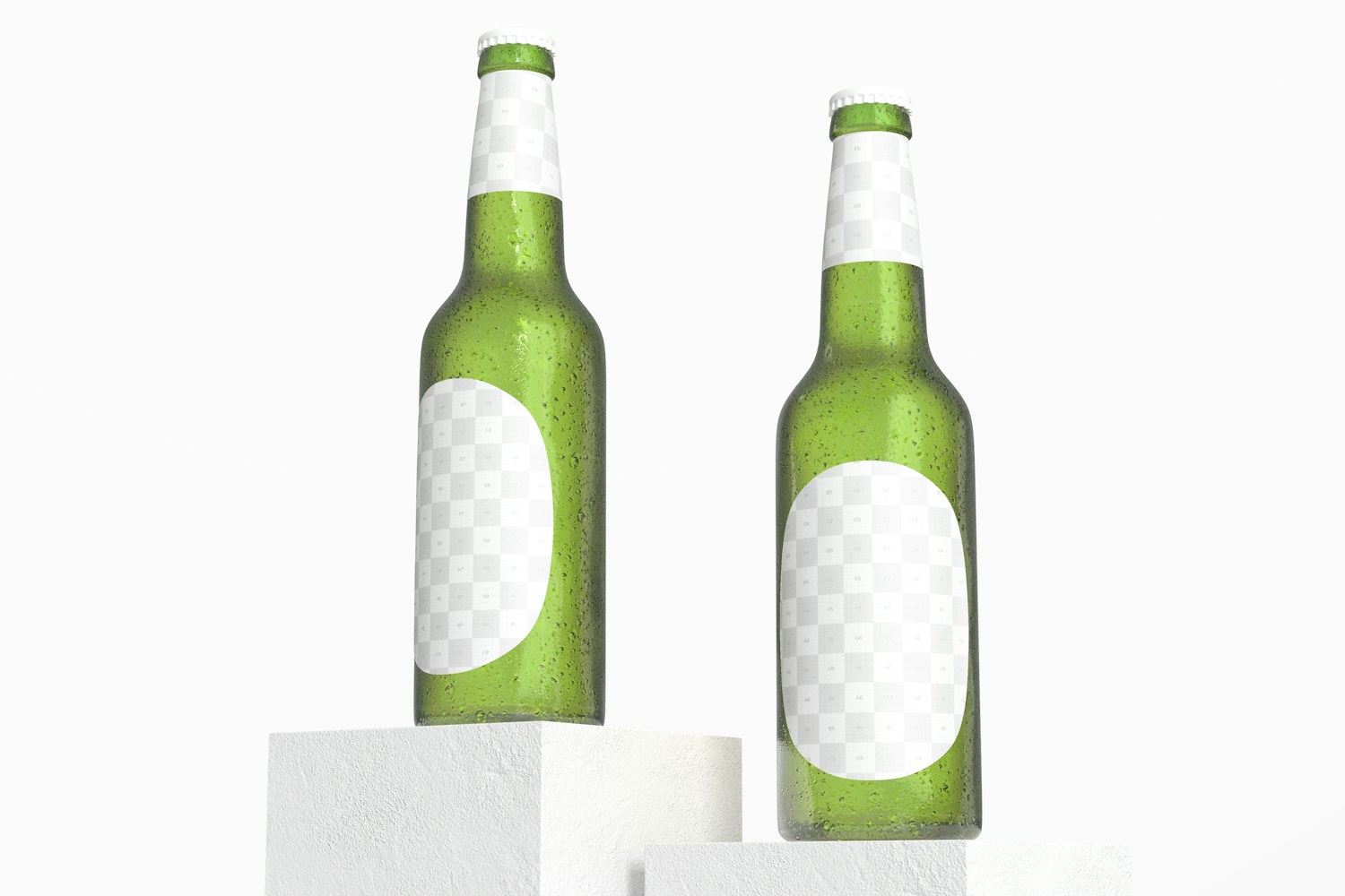 Green Beer Bottles Mockup, Low Angle View