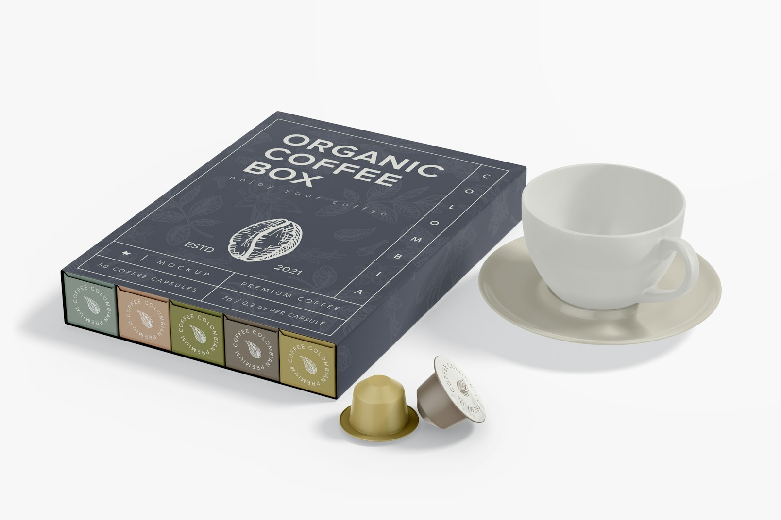 Coffee Capsule Set Mockup, with Cup