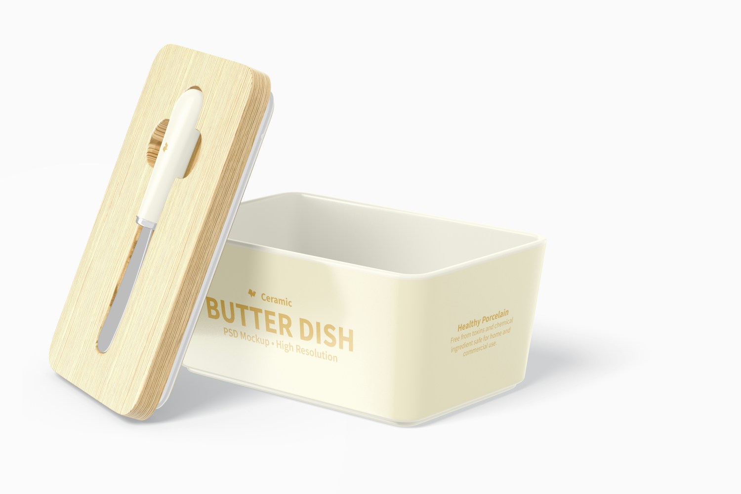 Ceramic Butter Dish with Bamboo Lid Mockup, Opened