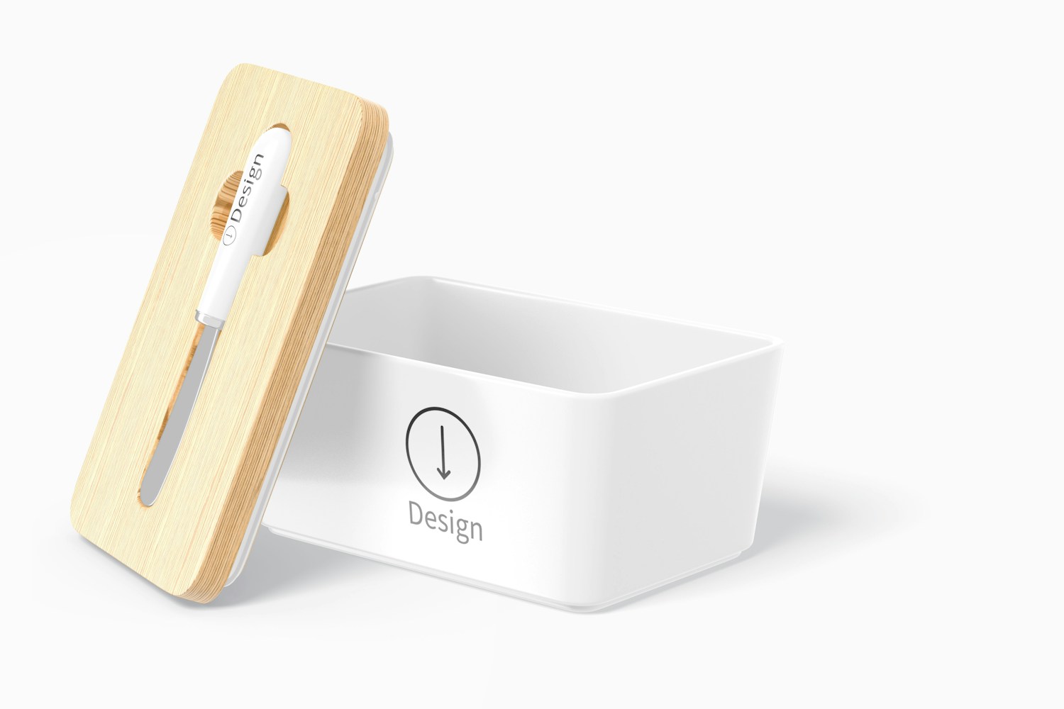 Ceramic Butter Dish with Bamboo Lid Mockup, Opened