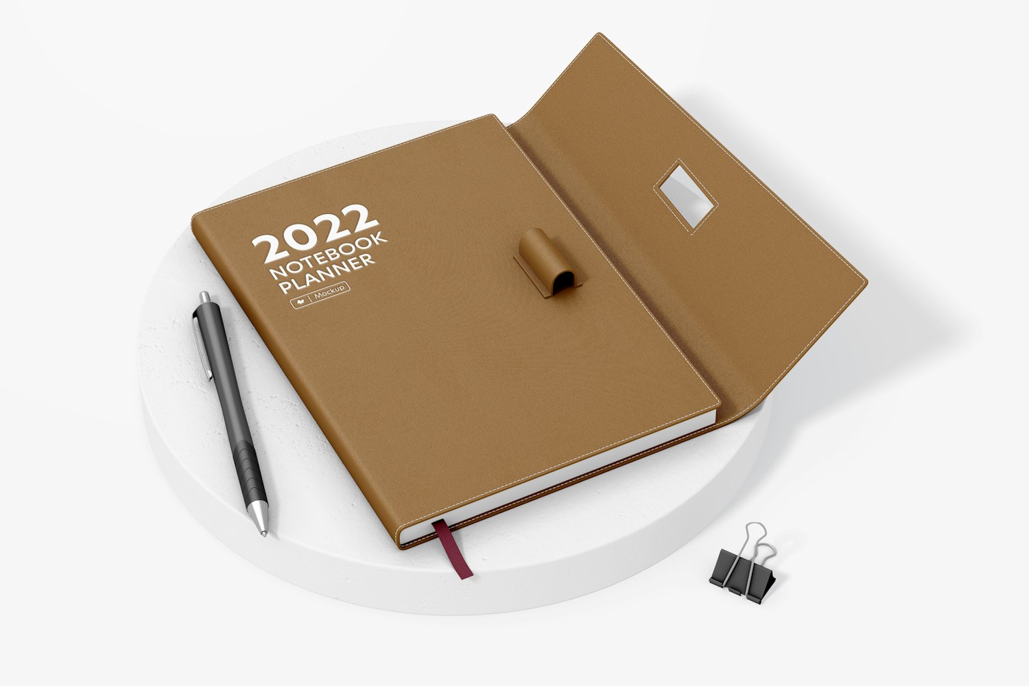 Notebook with Pen Holder Mockup, Opened Notebook with Pen Holder Mockup, Opened