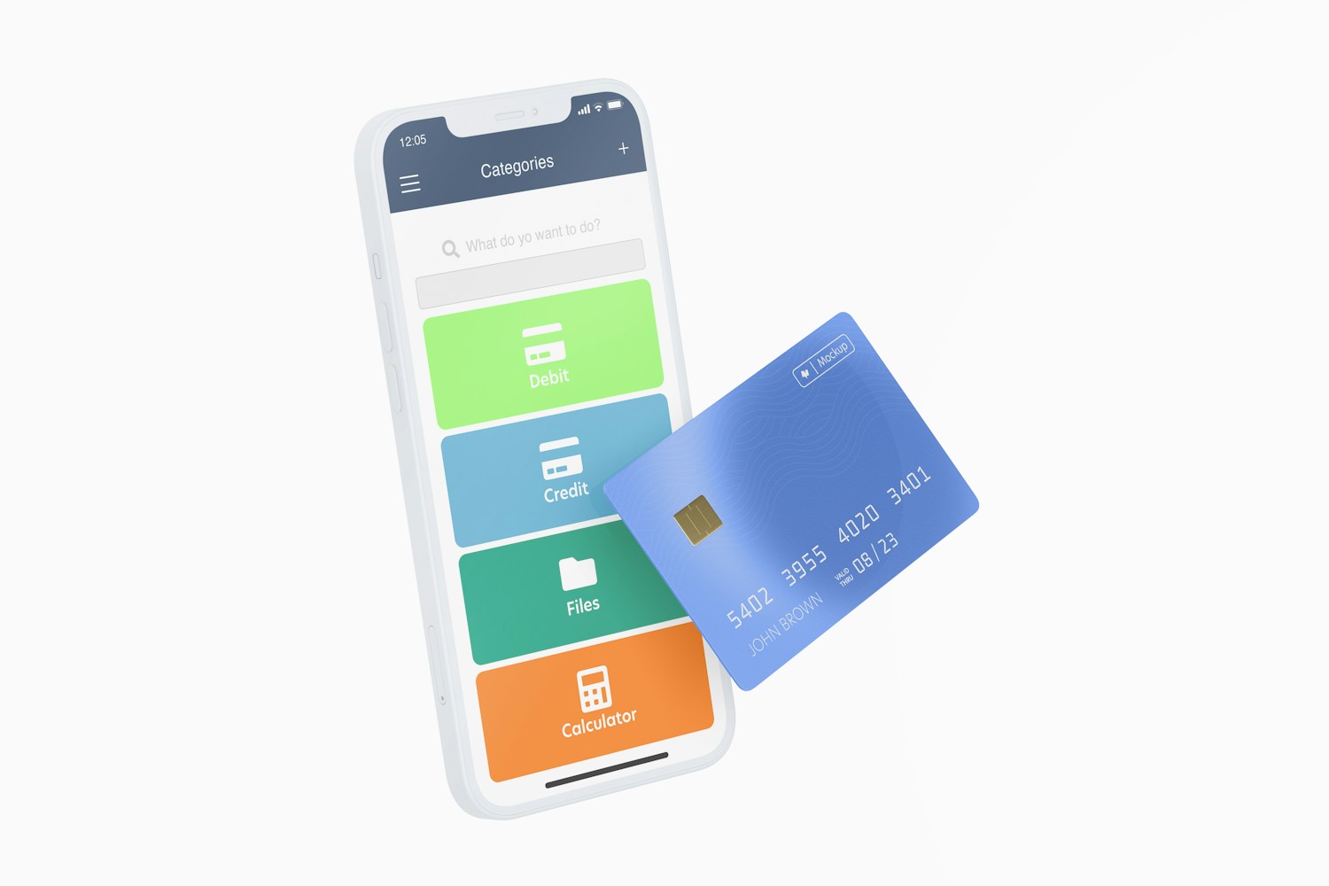 Smartphone with Credit Card Mockup, Leaned