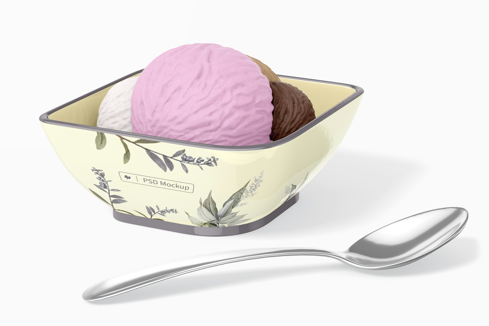 Square Dessert Bowl Mockup, with Spoon