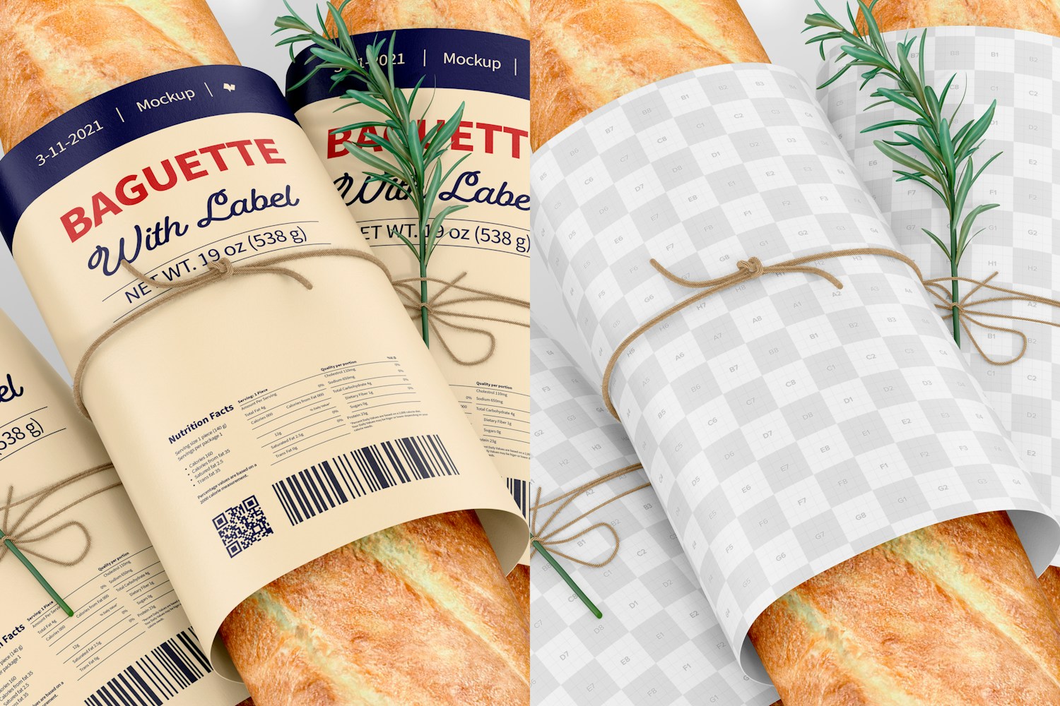 Baguettes with Label Mockup, Close Up Baguettes with Label Mockup, Close Up