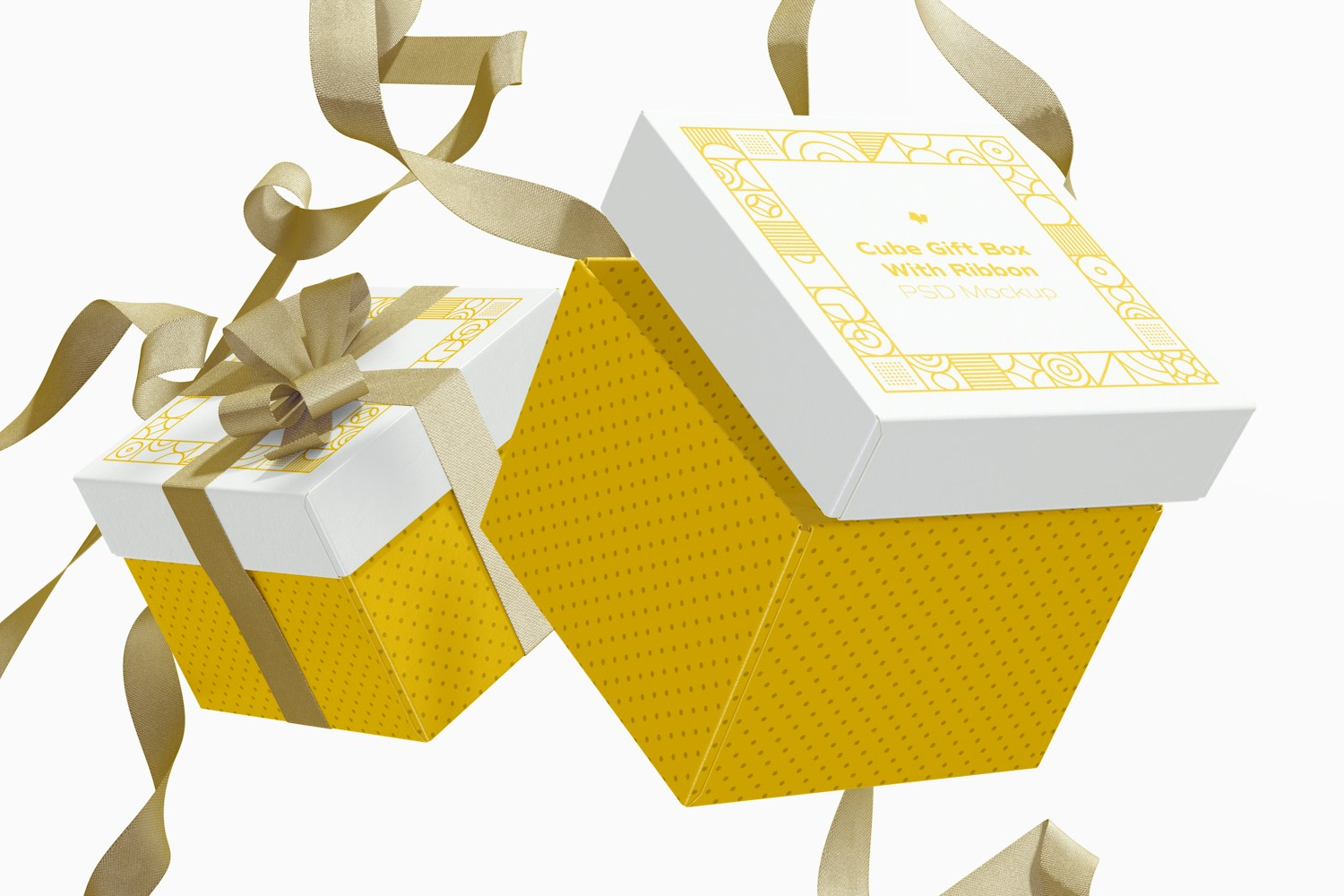 Cube Gift Boxes With Ribbon Mockup, Floating