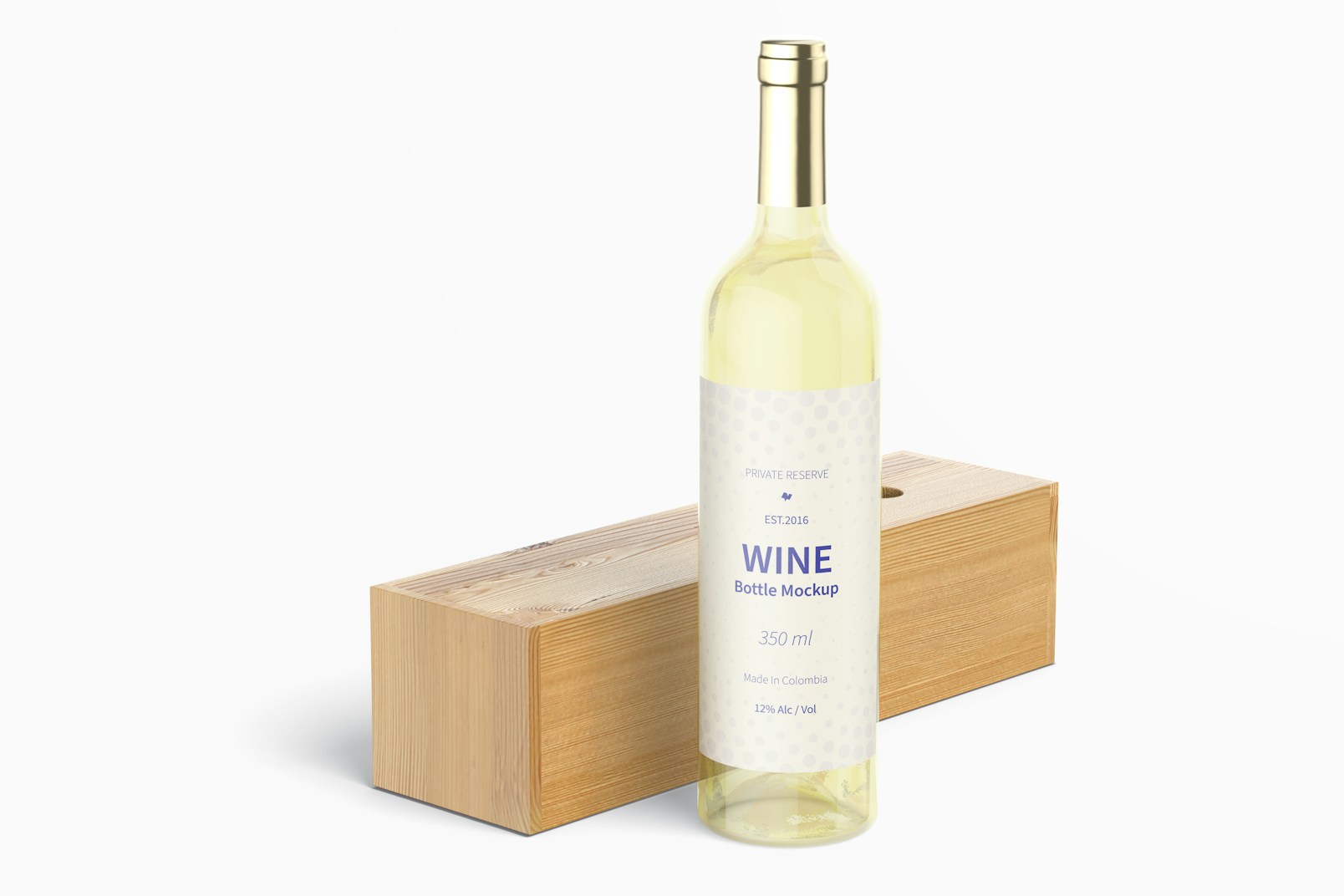 350ml Wine Bottle Mockup with Lying Wood Box