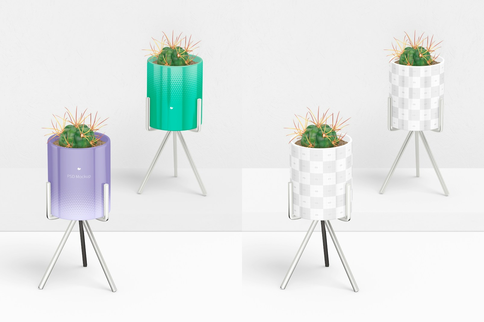 Flower Pots with Metal Stand Mockup, Perspective