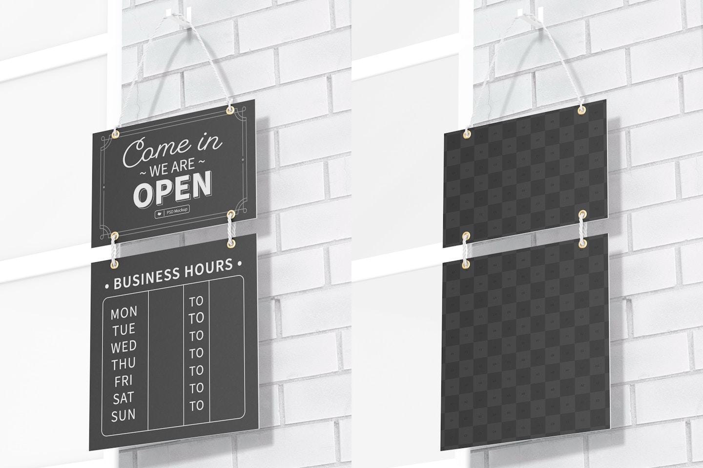 Business Hours Hanging Sign Mockup, Low Angle View