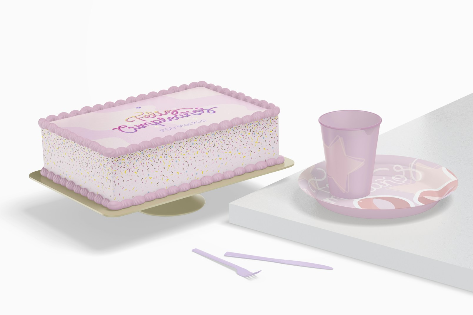 Square Cake with Plates Mockup