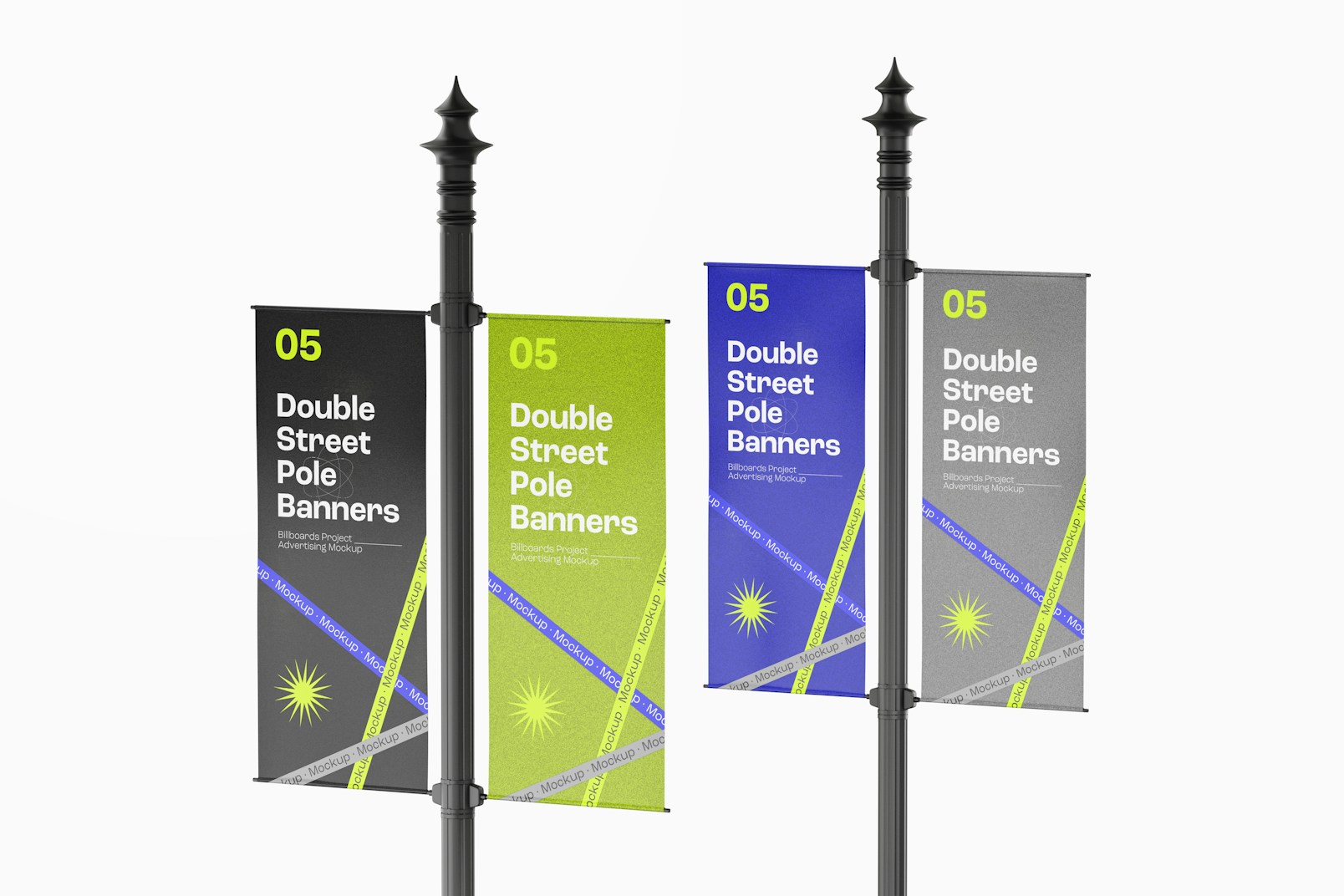 Double Street Pole Banner Mockup, Front Right View