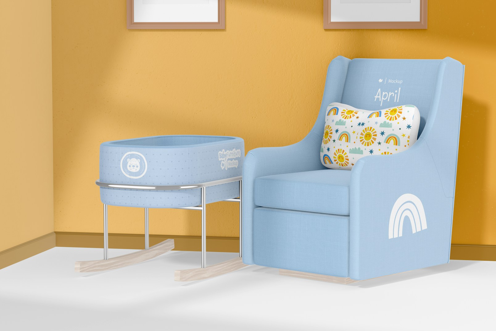 Nursery Chair Mockup, with Baby Bassinet