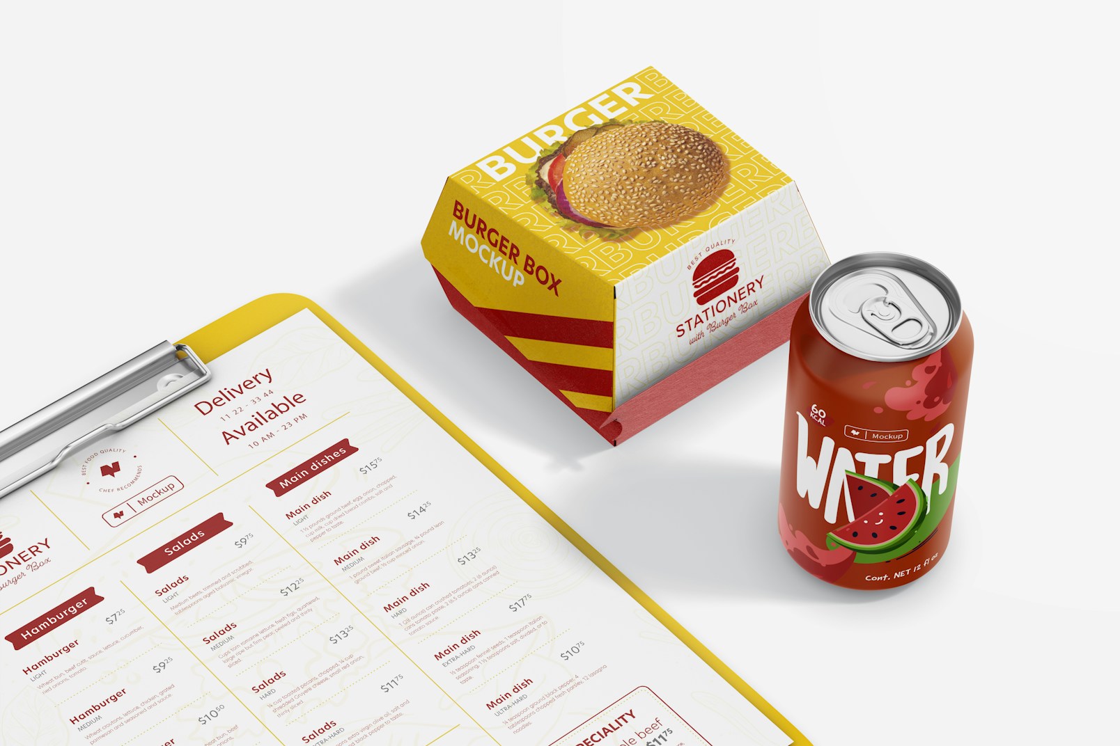 Stationery with Burger Box Mockup, Perspective