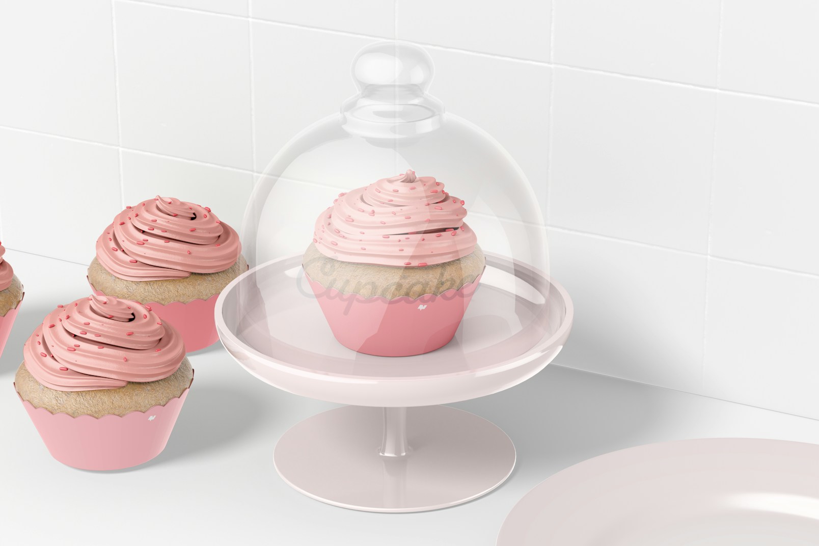 Cupcake Stand with Dome Lid Mockup, Perspective