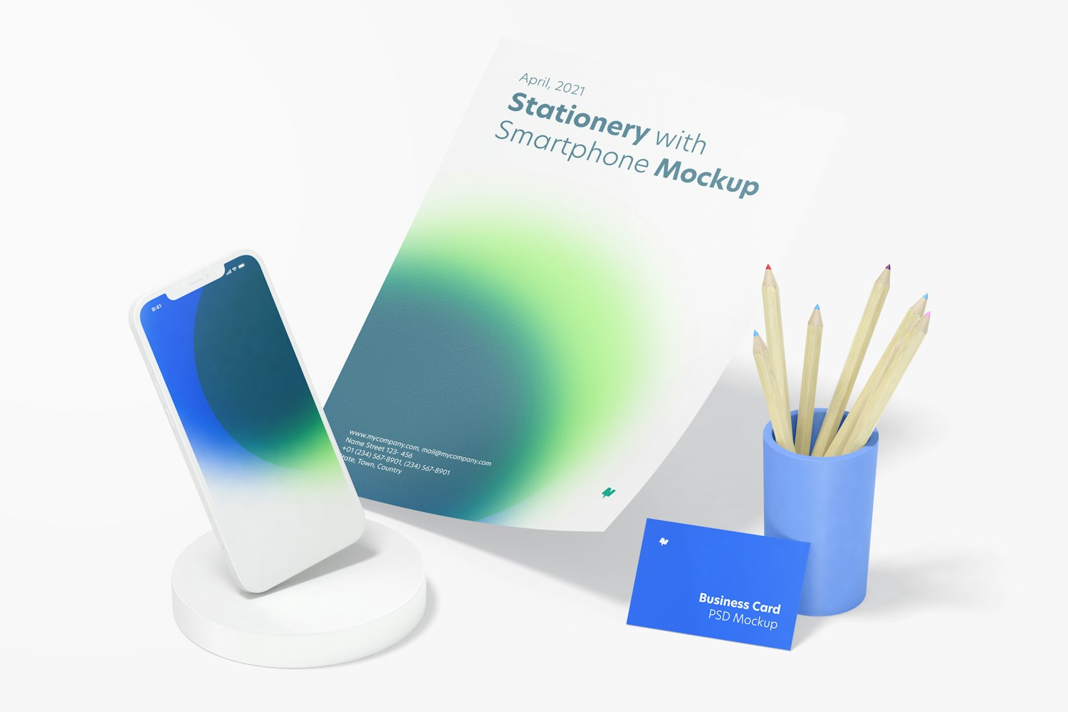 Stationery with Smartphone Mockup, Perspective