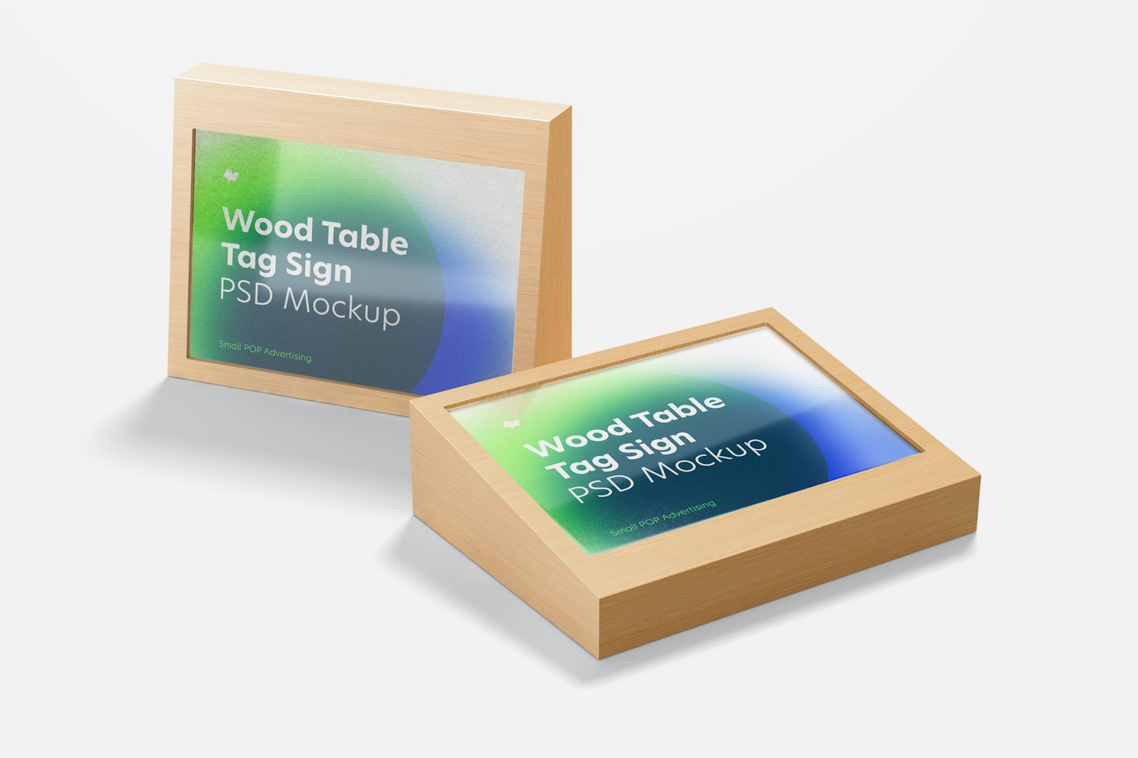 Wood Table Advertising Tag Signs Mockup, Perspective
