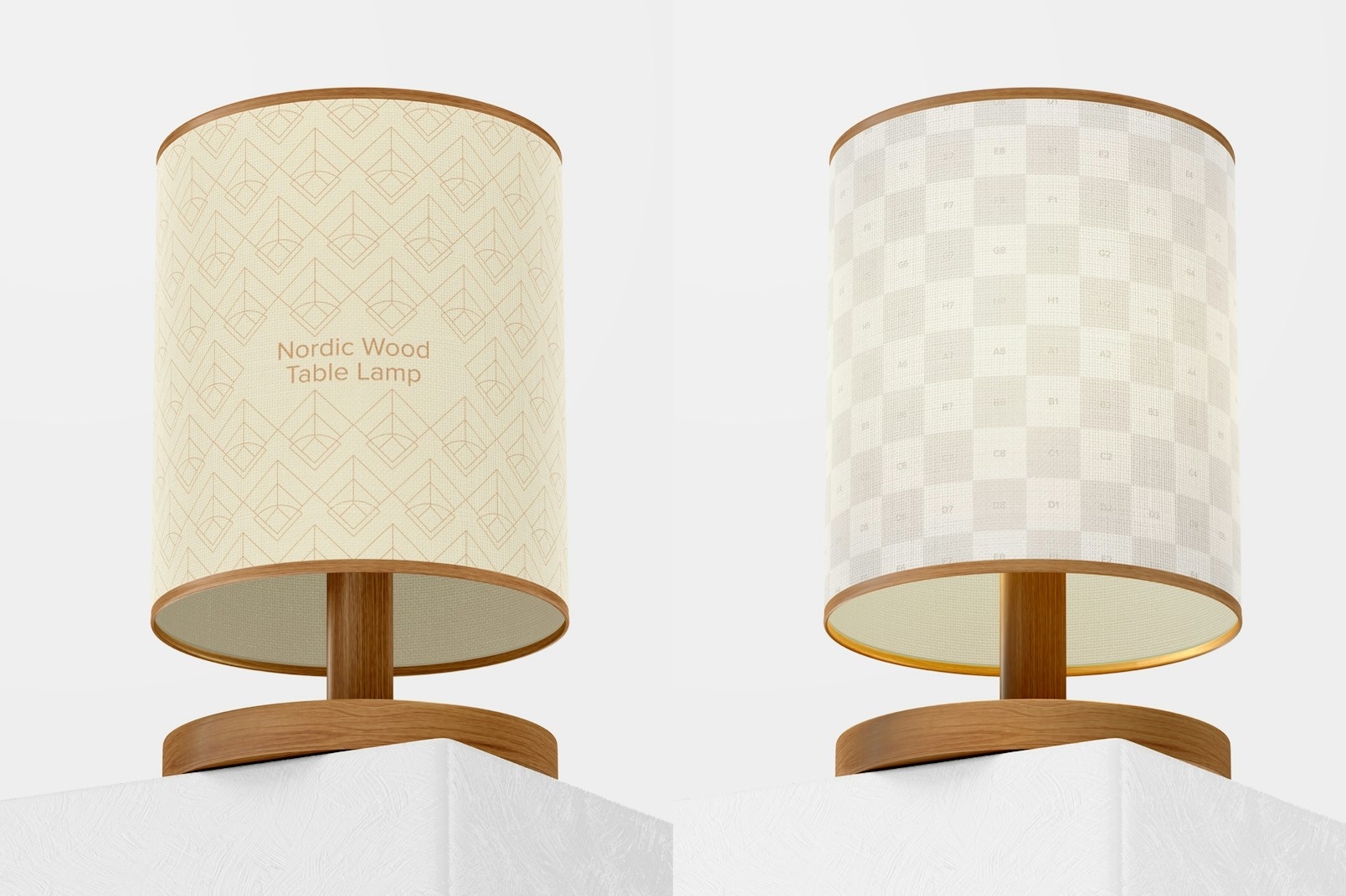 Nordic Wood Table Lamp Mockup, Low Angle View