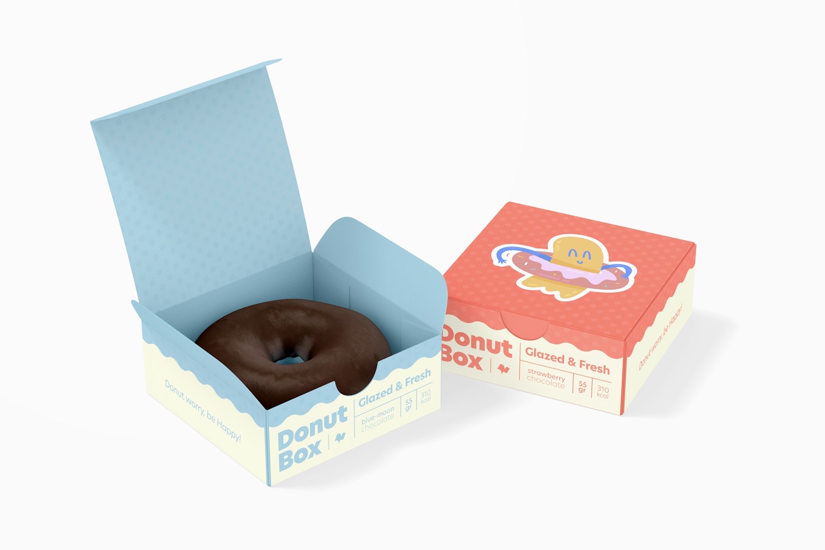 Donut Boxes with Hinged Lid Mockup, Opened and Closed