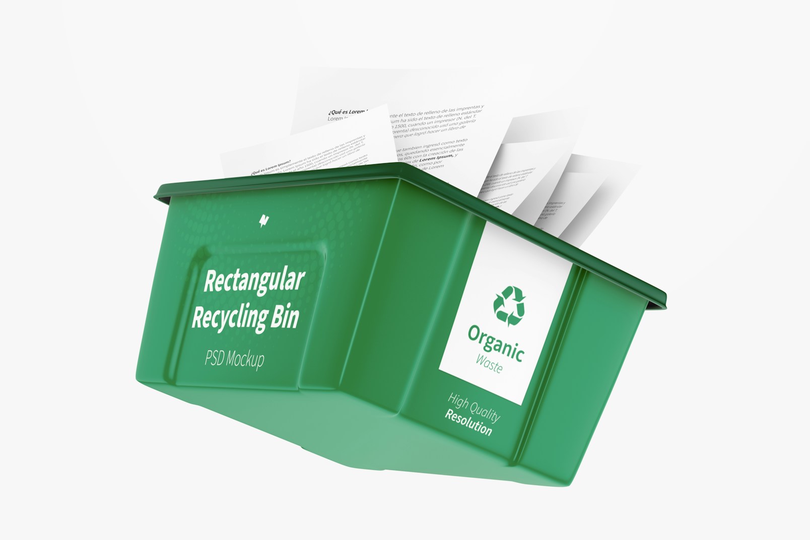 Rectangular Recycling Bin Mockup, Floating