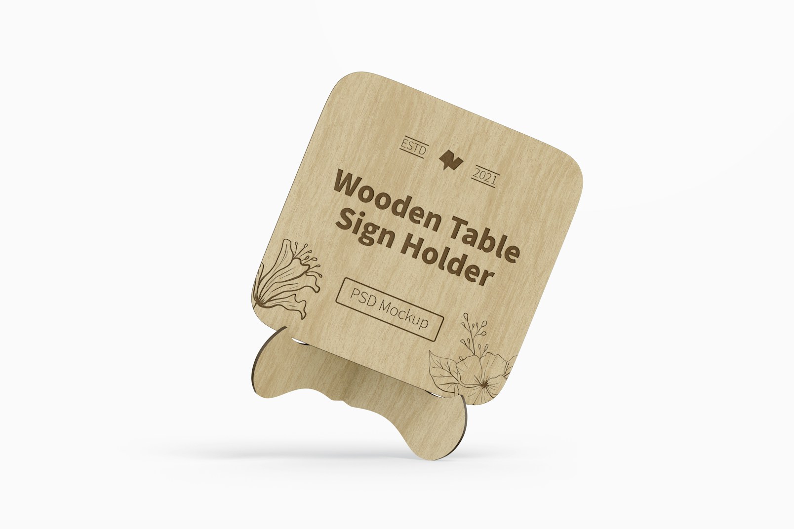 Wooden Table Sign Holder Mockup, Leaned