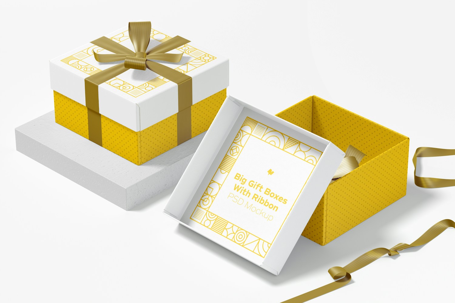Big Gift Boxes With Ribbon Mockup, Side View