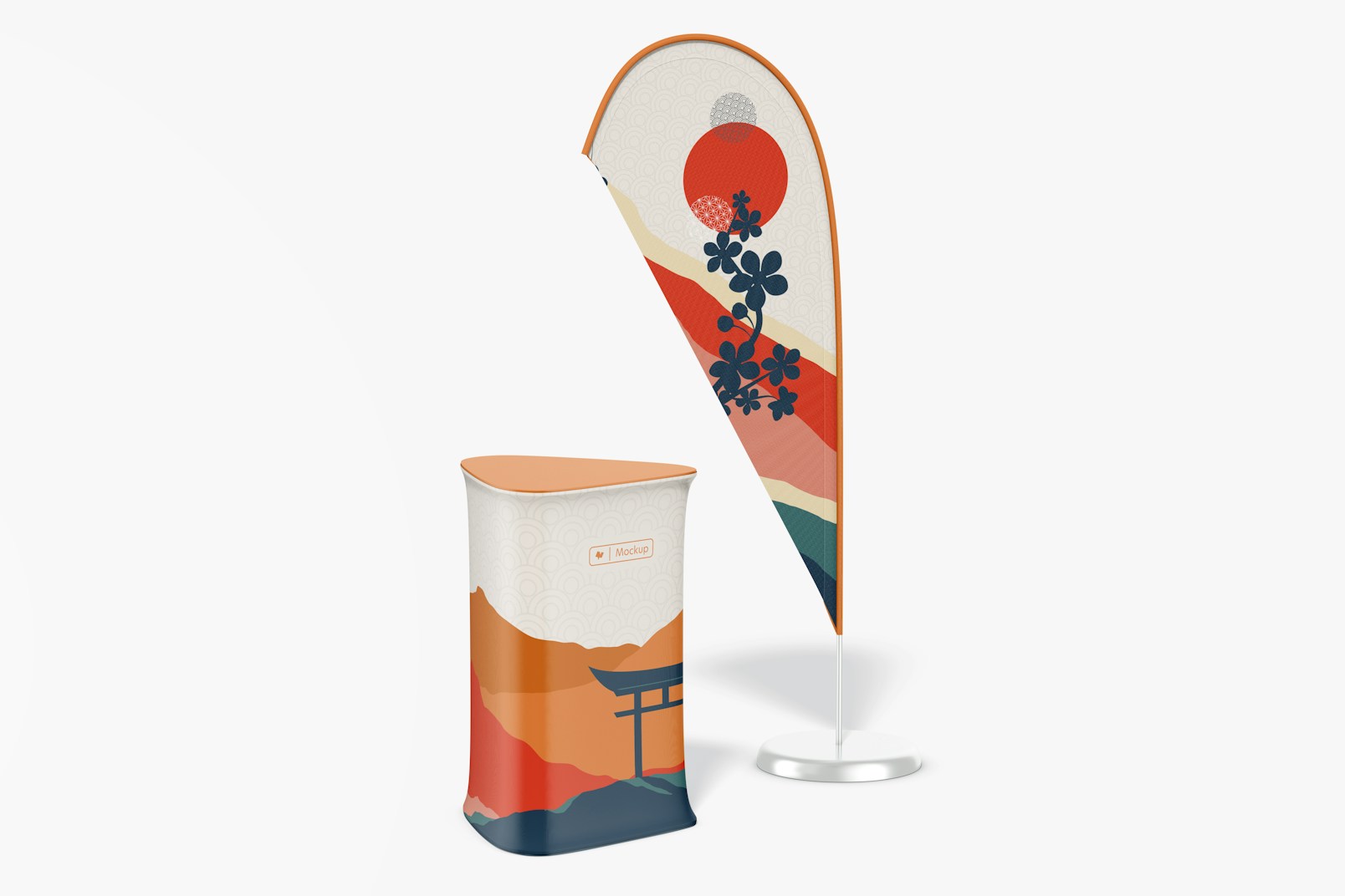Triangle Fabric Display Counter with Feather Flag Mockup