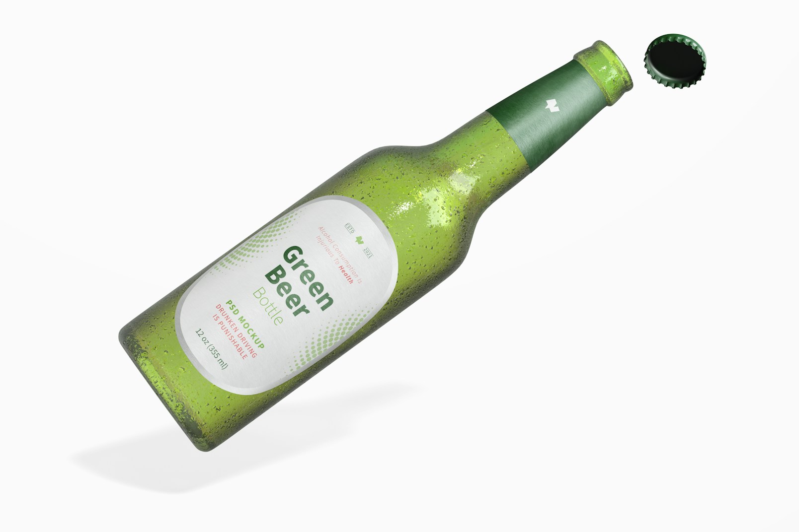 Green Beer Bottle Mockup, Opened