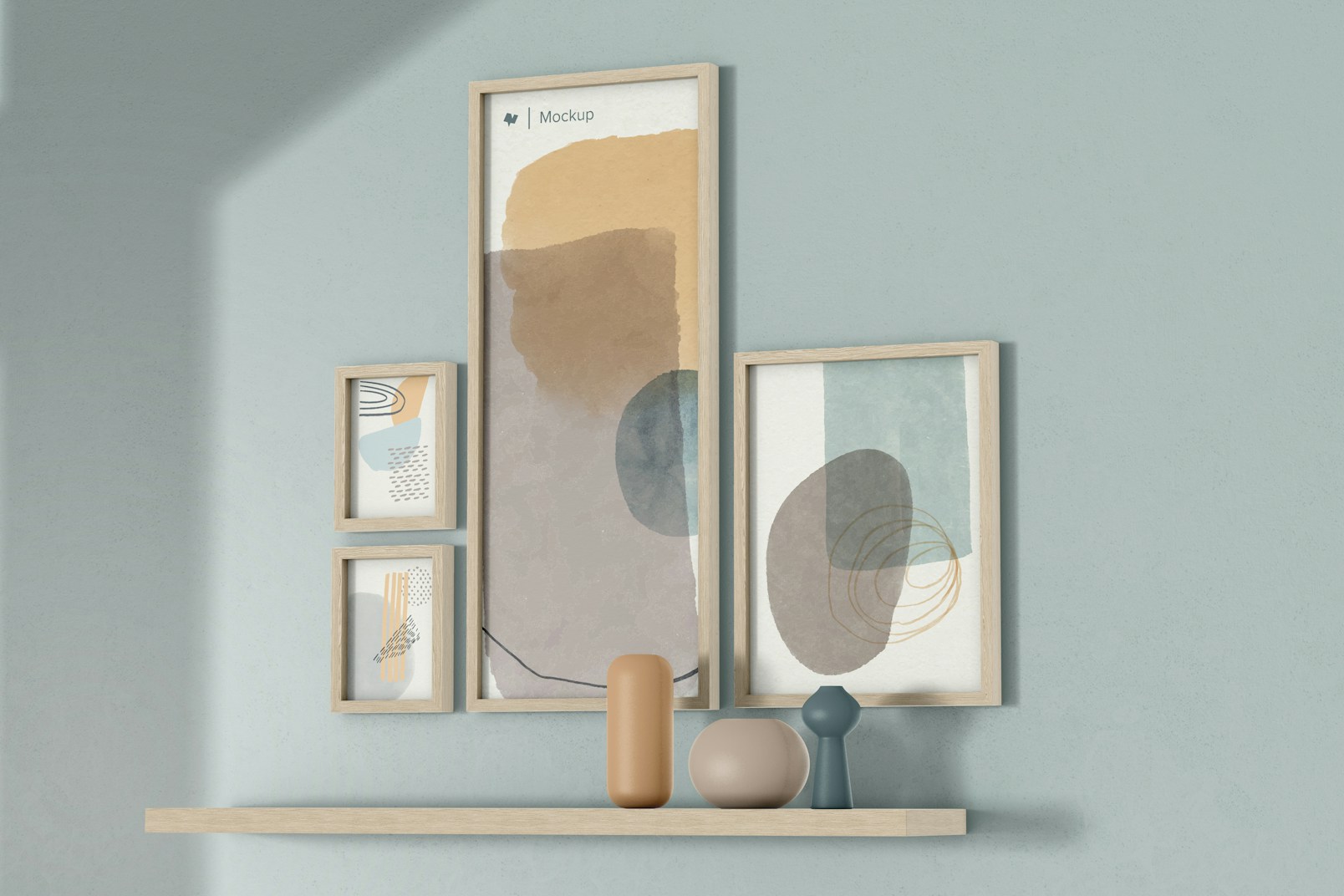 Frames with Vases on Shelf Mockup