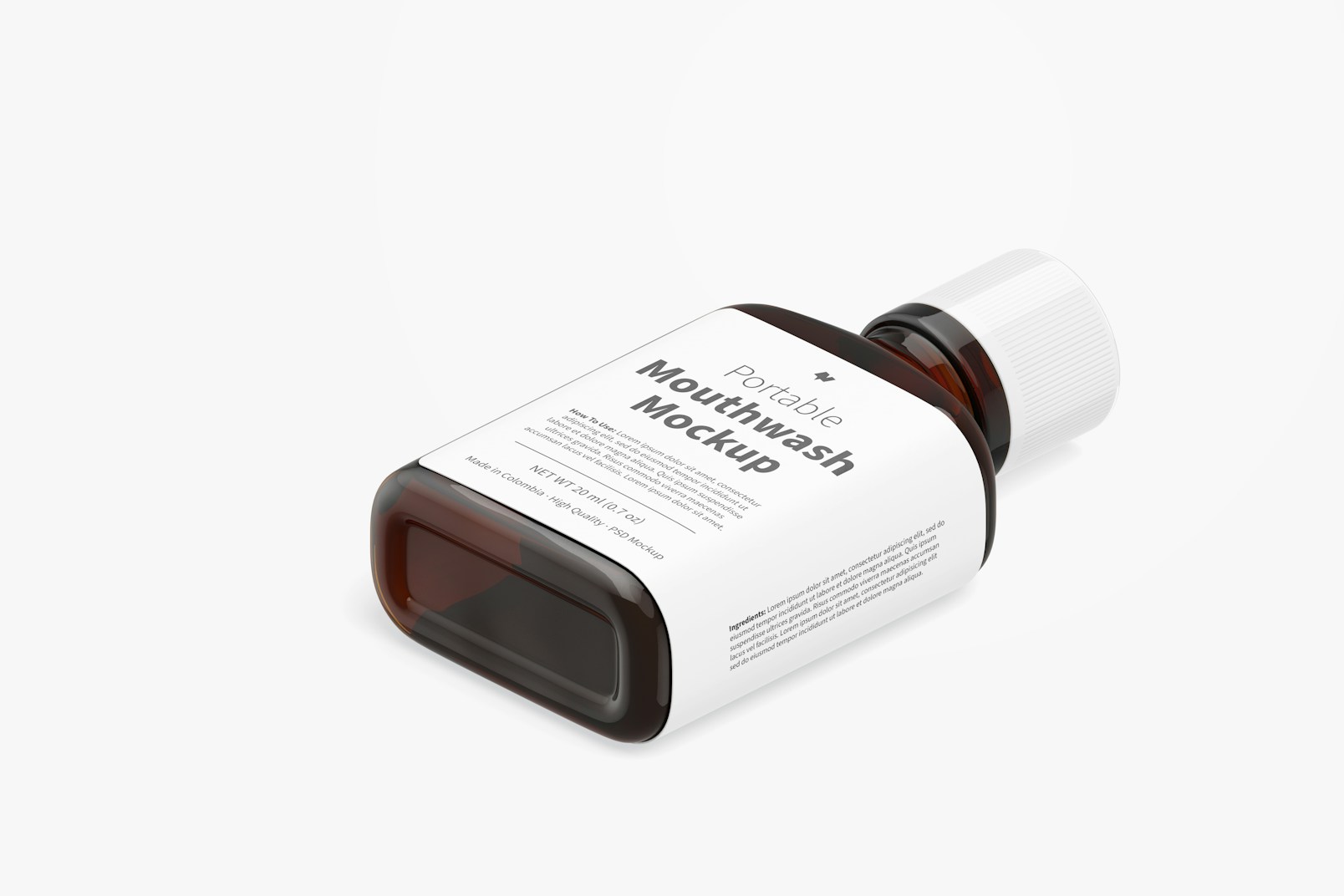 Portable Mouthwash with Label Mockup, Isometric Right View