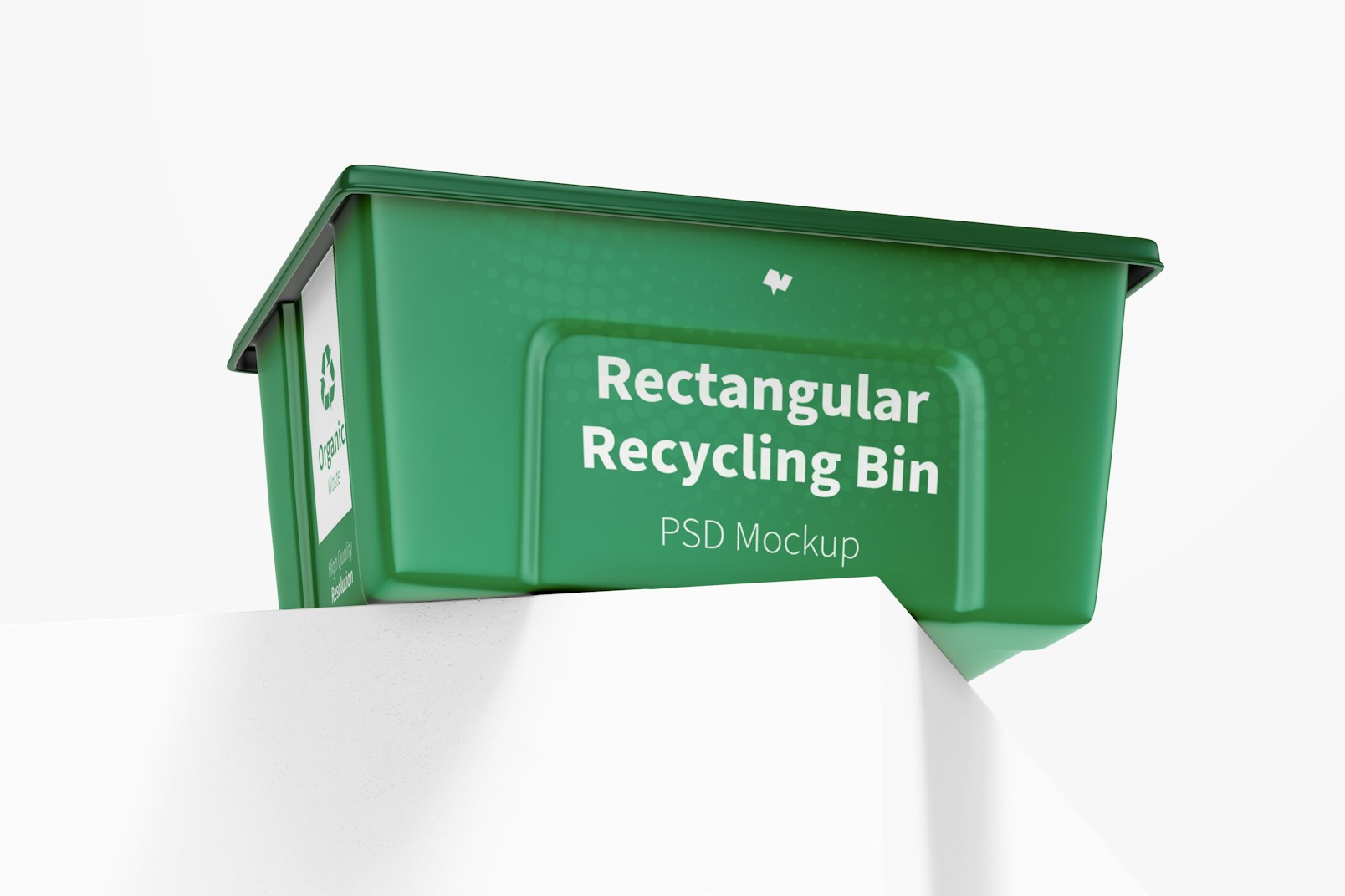 Rectangular Recycling Bin Mockup, Low Angle View