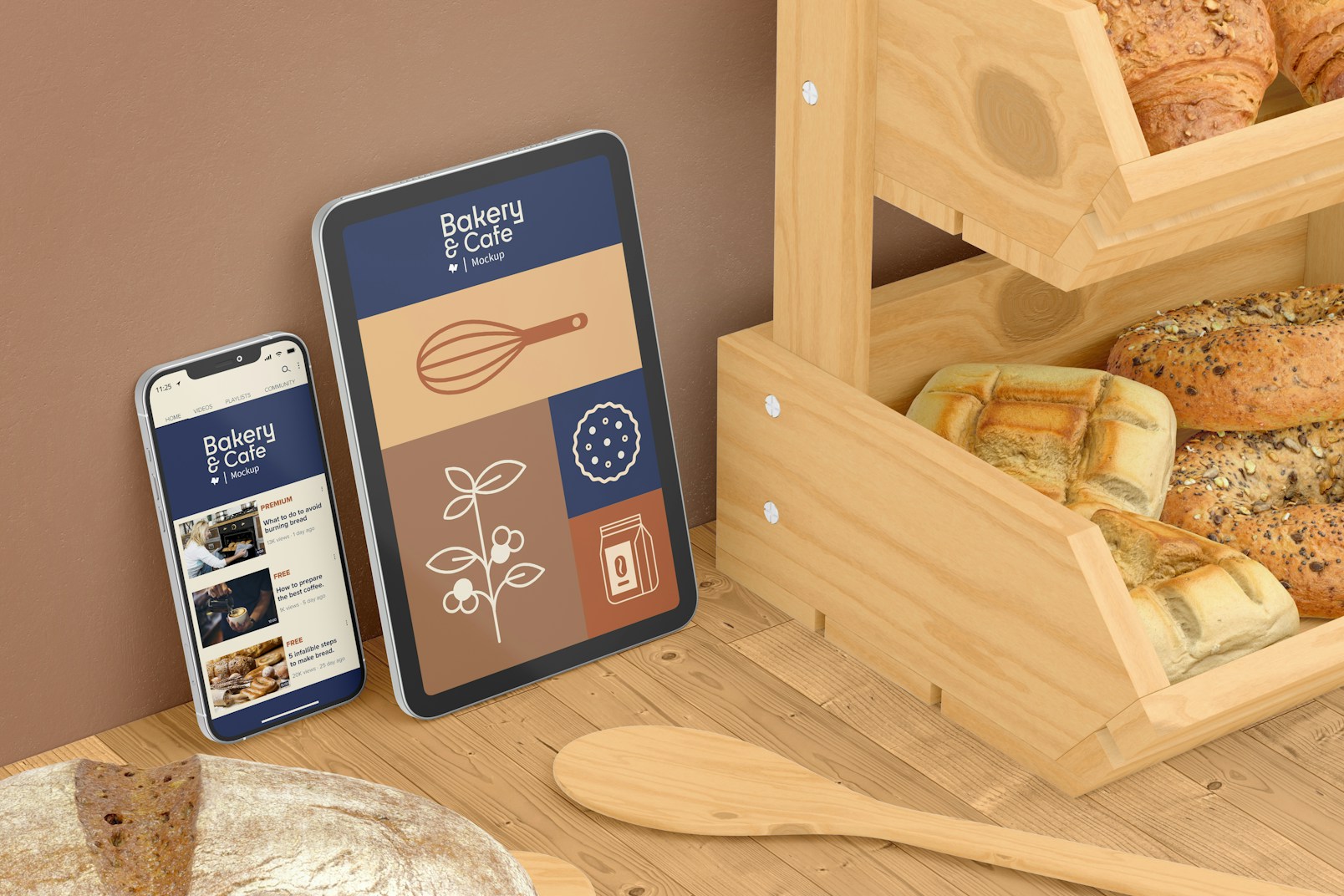 Bakery Items with Devices Mockup, Left View