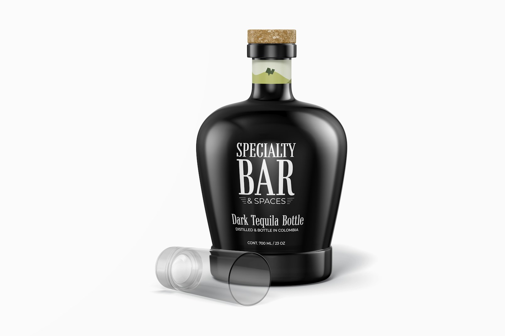 Dark Tequila Bottle Mockup, with Shot Glass
