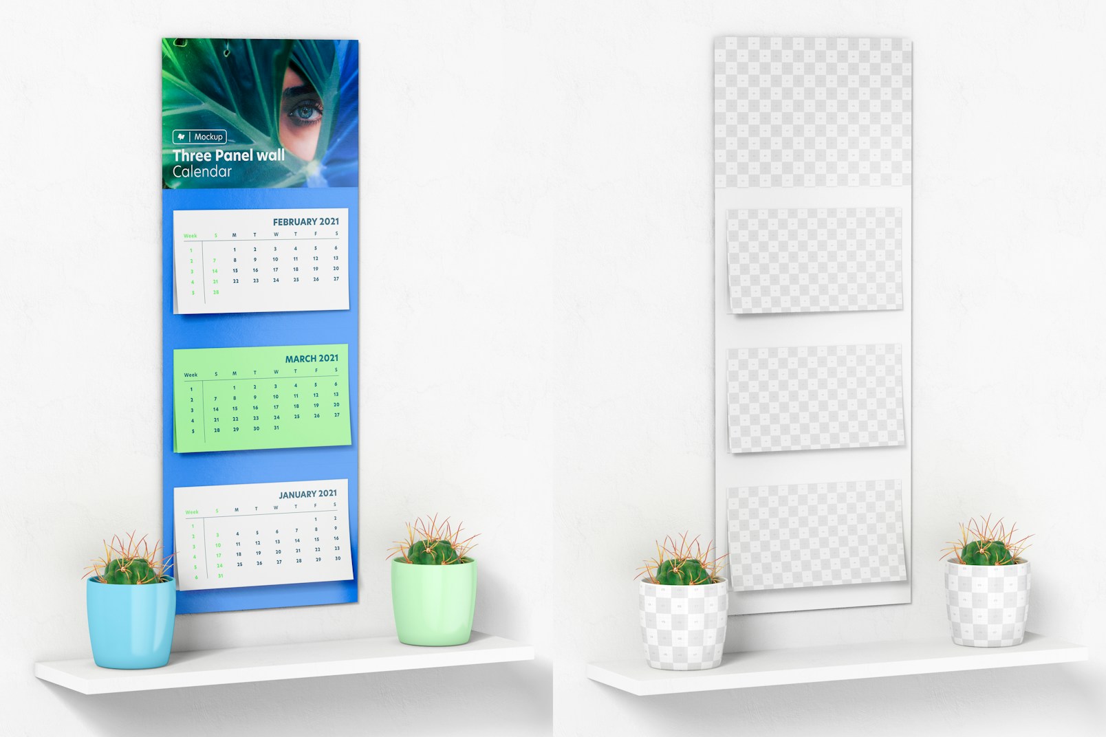 Three Panel Wall Calendar with Plant Pot Mockup