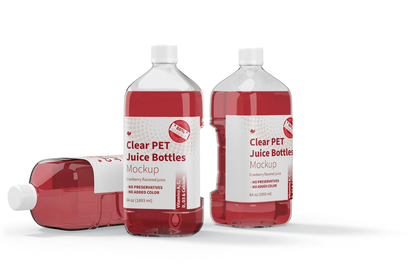 64 oz Clear PET Juice Bottles Mockup, Standing and Dropped