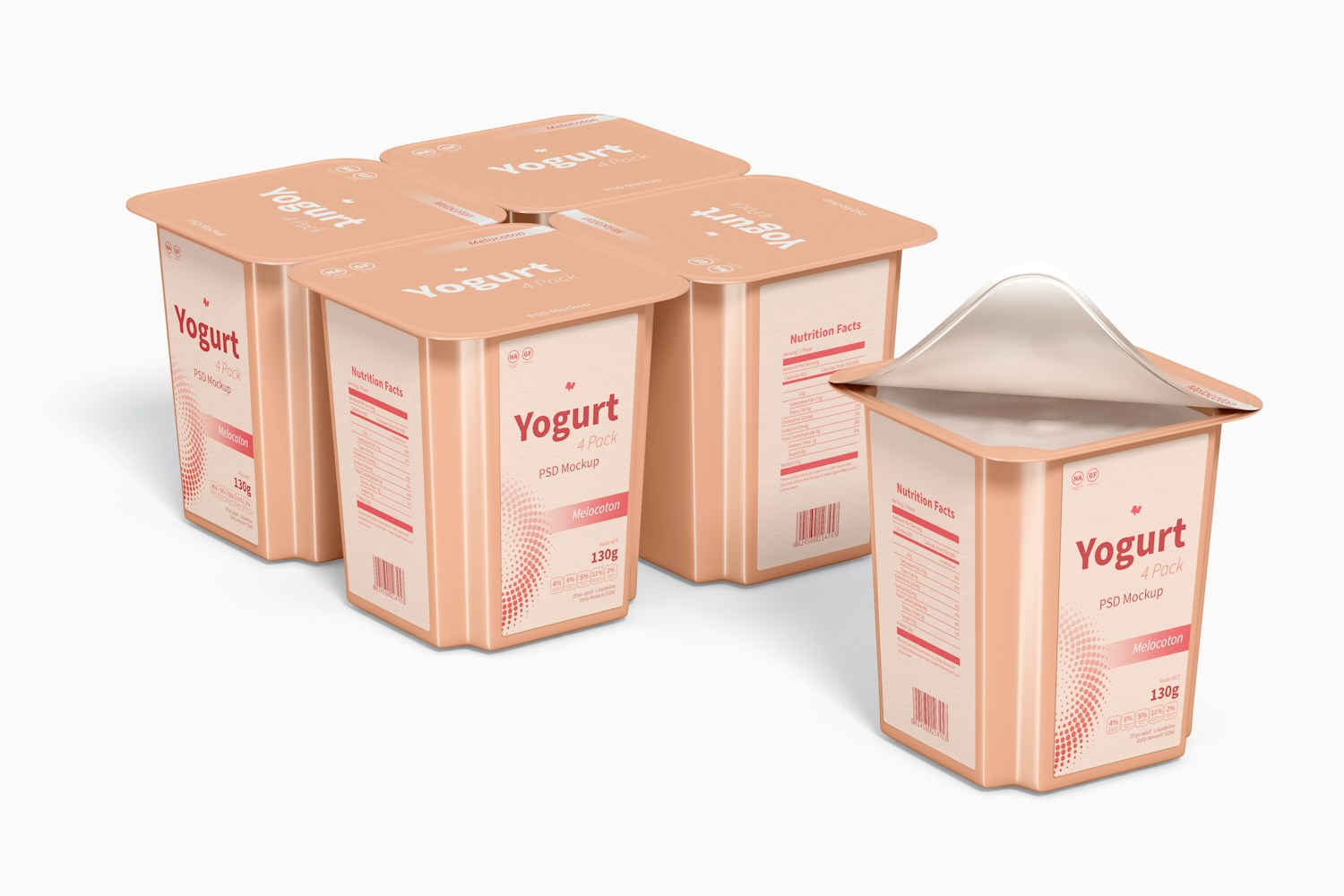 Maqueta de Paquete de 4 de Yogurt, Perspectiva Maqueta de Paquete de 4 de Yogurt, Perspectiva