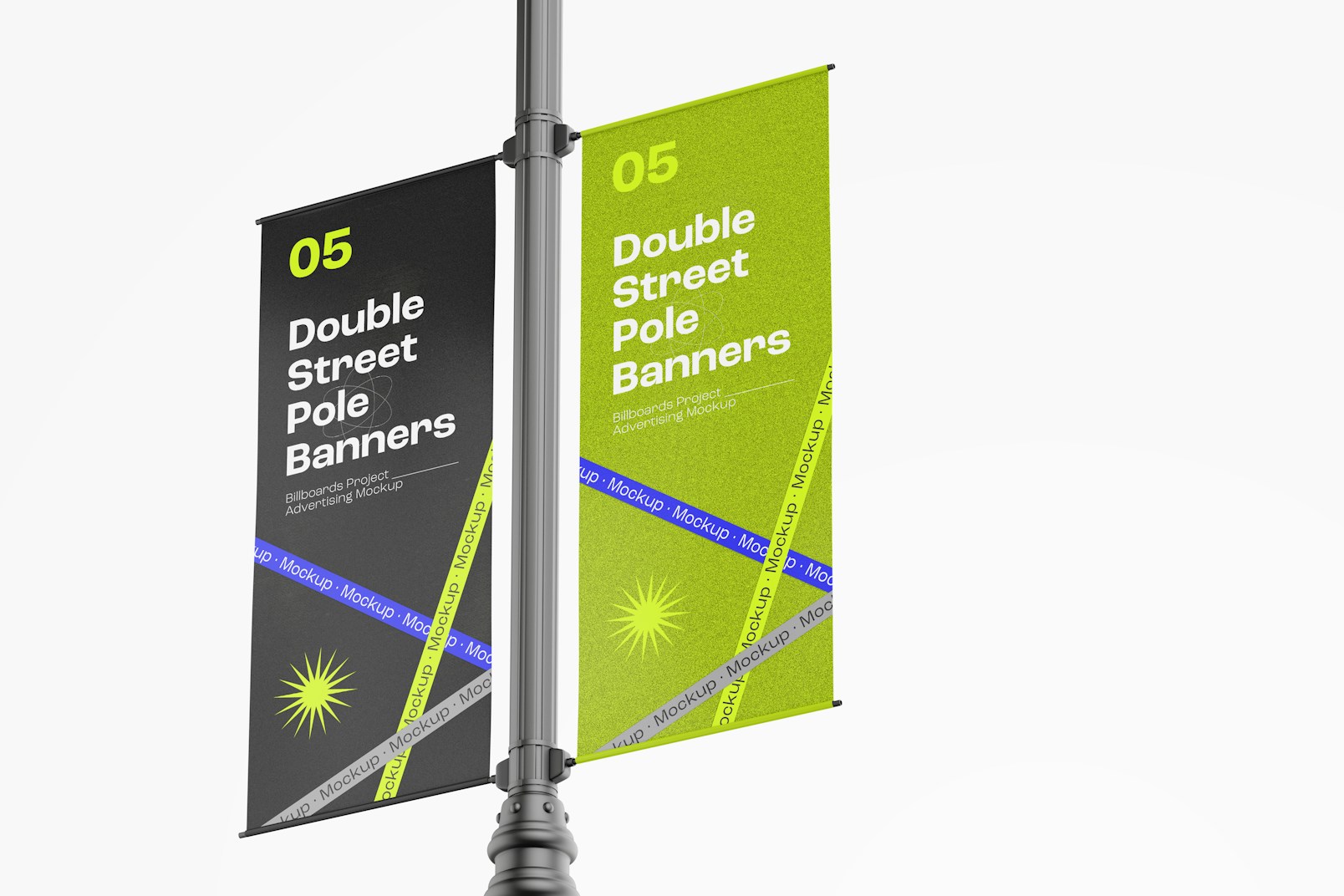 Double Street Pole Banner Mockup, Low Angle View